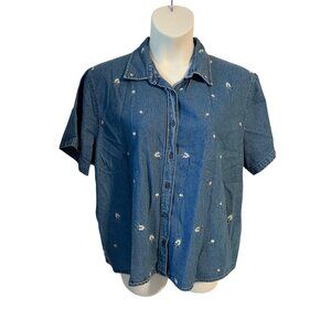 Style & Co Denim Button Up Jean Short Sleeve Shirt Embroidered Daisy Top Size 22